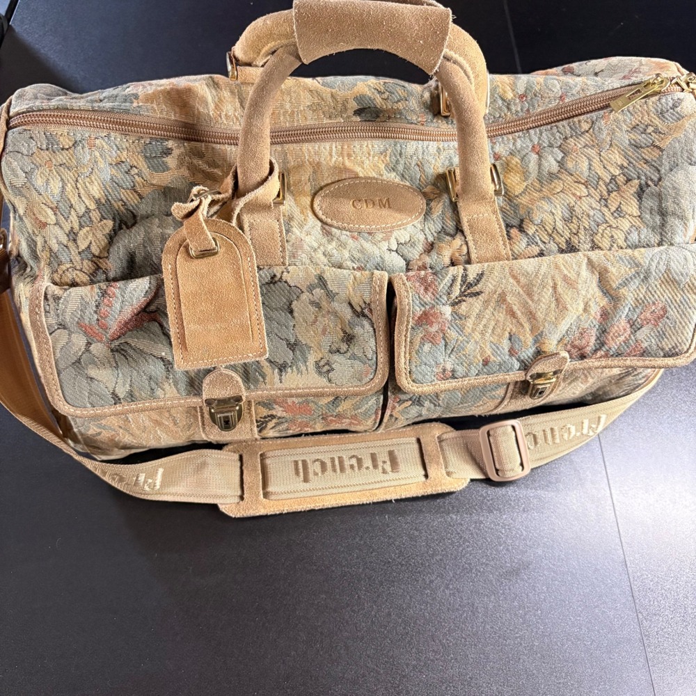 vintage French Luggage Co. Paradise Tapestry bag Suede travel duffle carryon